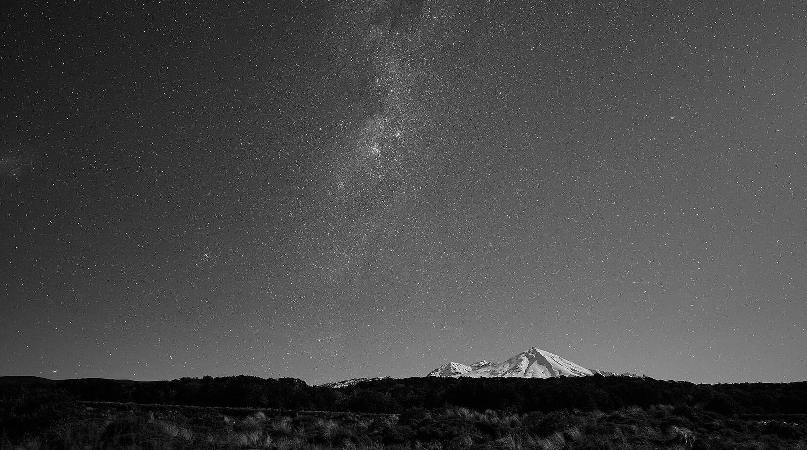 The Milky Way over the snow-capped peak of Mt Ruapehu at night, with tussock in the foreground
