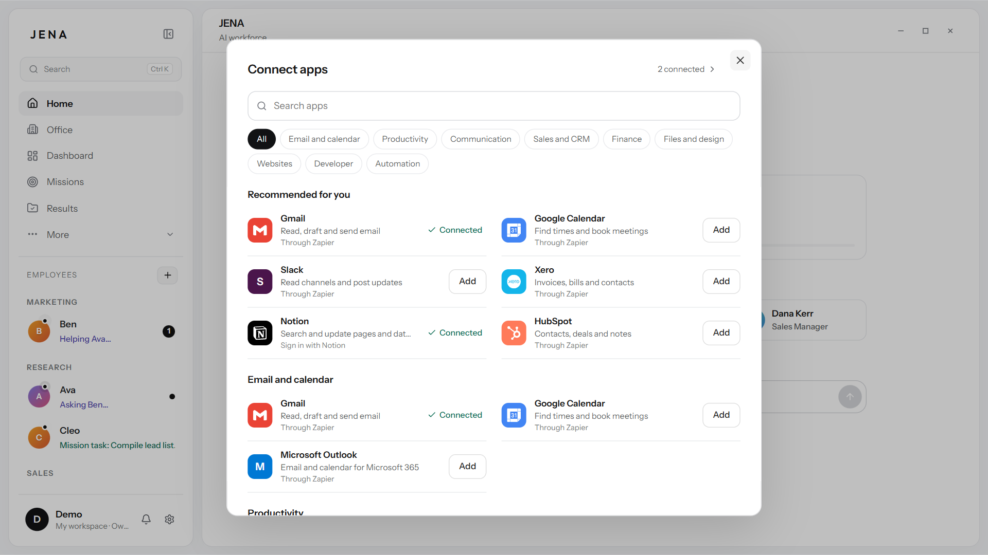 JENA's Connect apps screen with Gmail and other apps