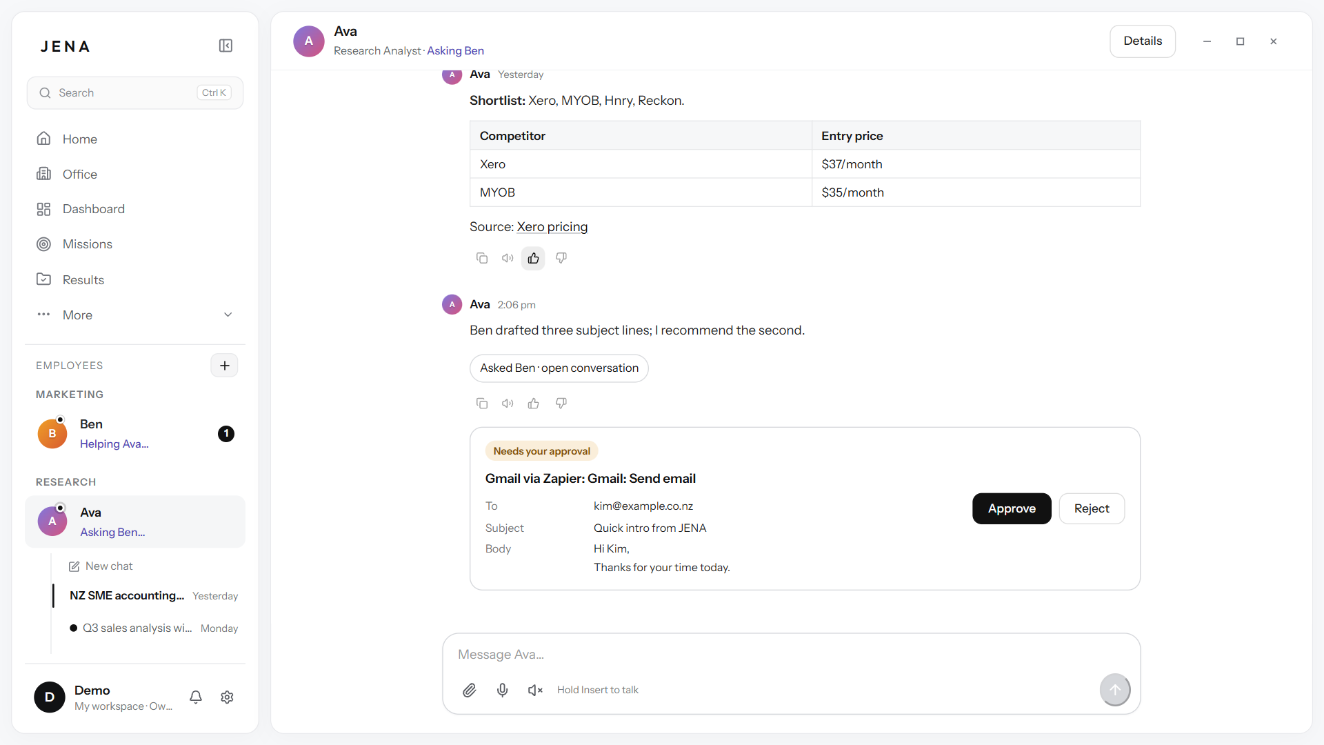 A JENA chat where an email drafted by an AI employee waits for approval