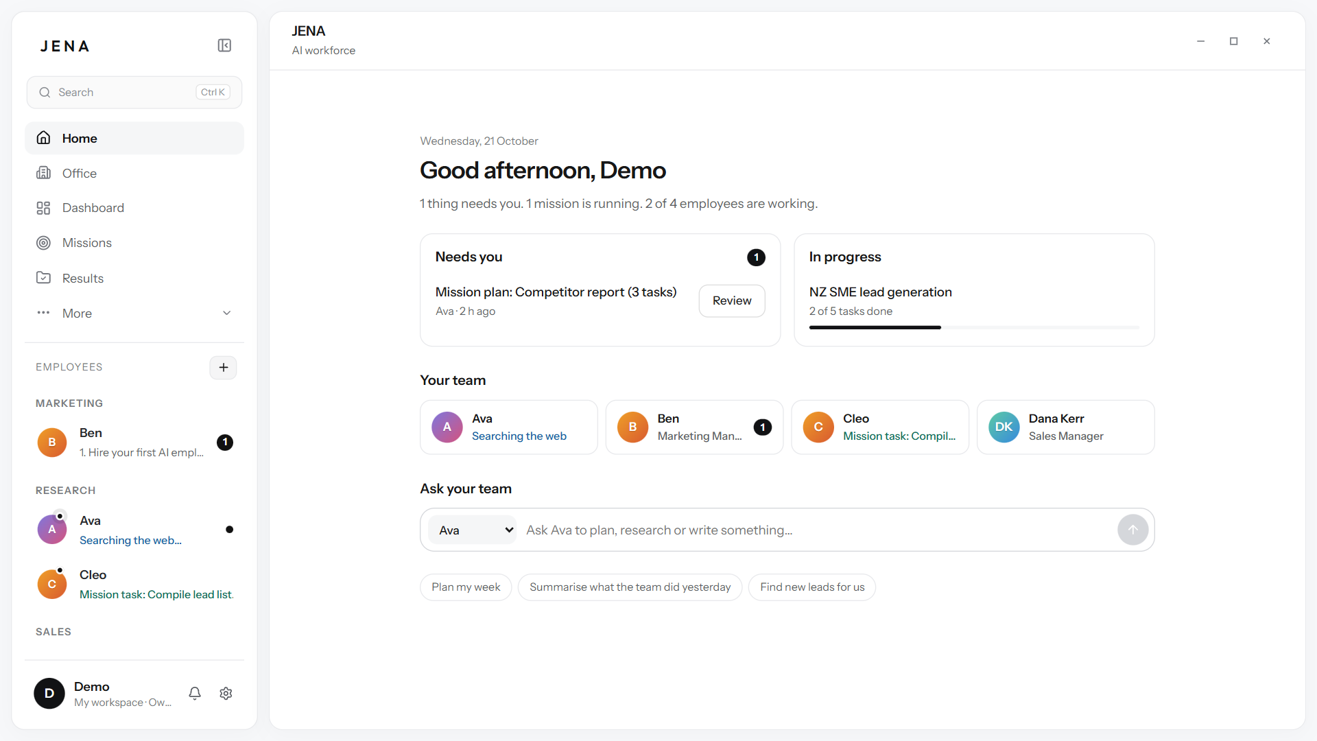 JENA's home screen with a team of AI employees