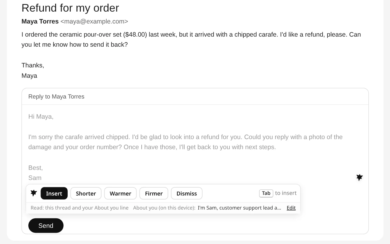 A Gmail reply drafted by NOVA Ink