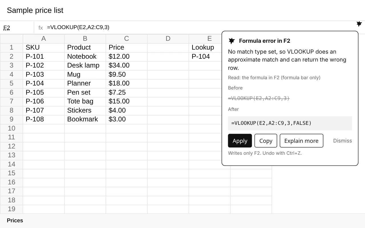NOVA Ink fixing a formula in Google Sheets