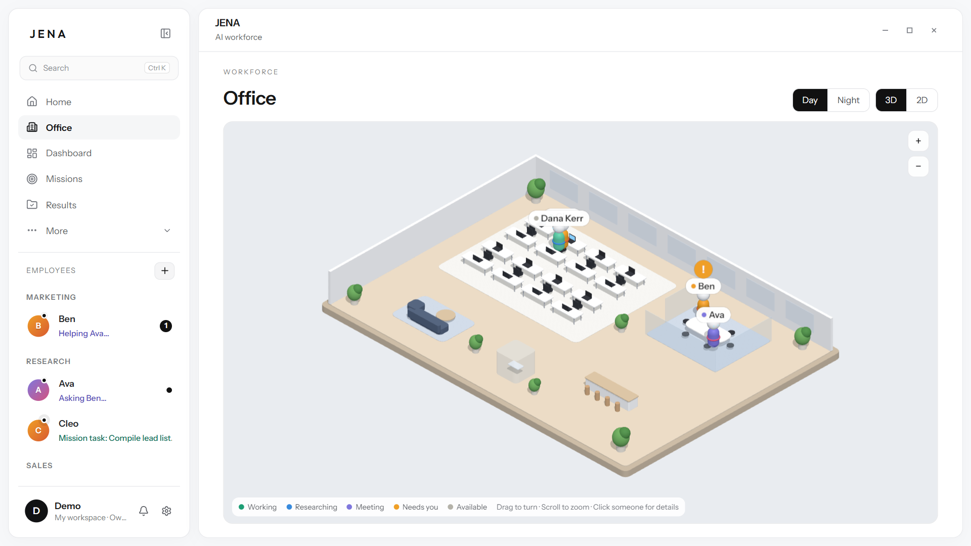 JENA's office with AI employees at work